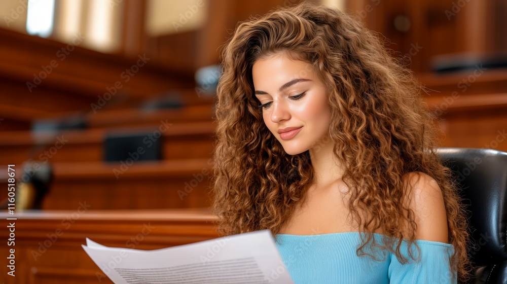 Confident young woman reading in courtroom with focused attention Confident young woman reading in courtroom with focused attention