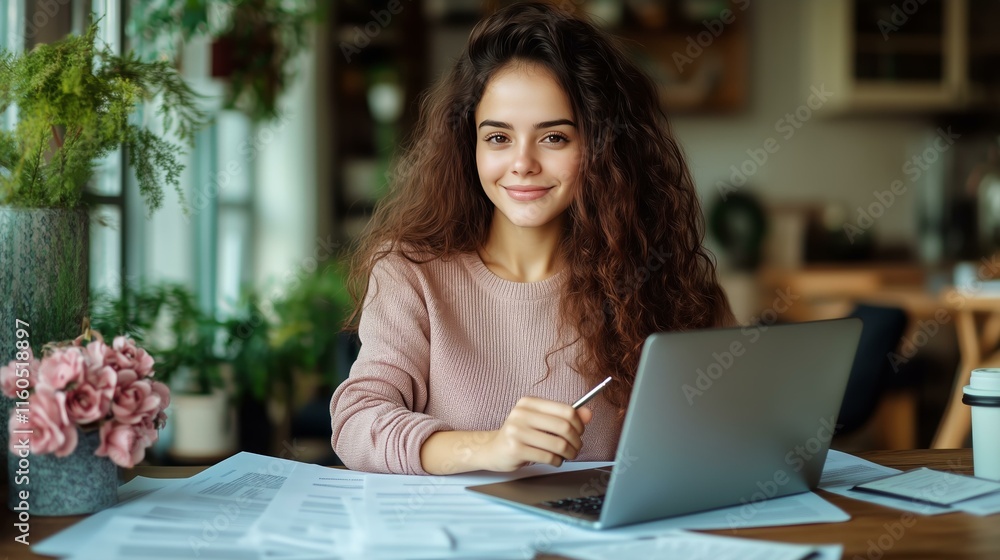 Confident woman working from home with laptop in cozy environment Confident woman working from home with laptop in cozy environment