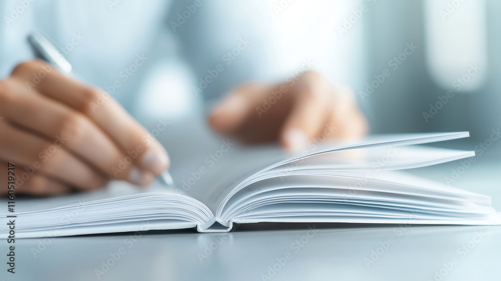 person writing in notebook with pen, focused on task person writing in notebook with pen, focused on task