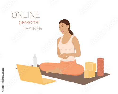 Personal training with an instructor online. Individual training and teaching of fitness, yoga, pilates, stretching and a healthy lifestyle in general including exercise, diet, body care. Flat vector 