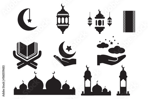 This image features a collection of simple, black silhouette icons representing various Islamic symbols.