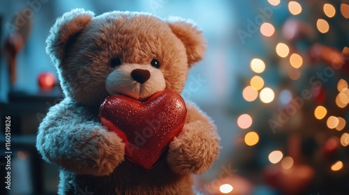 A cute stuffed teddy bear holding a heart-shaped gift box for Valentine Day
