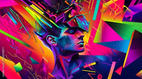 The painting is full of bright colors and geometric shapes photo