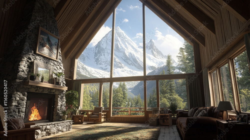 A luxury mountain cabin offering panoramic views of snow-capped peaks and a serene forest. The cozy interior includes a stone fireplace and rustic wooden furniture, making it the perfect retirement A luxury mountain cabin offering panoramic views of snow-capped peaks and a serene forest. The cozy interior includes a stone fireplace and rustic wooden furniture, making it the perfect retirement