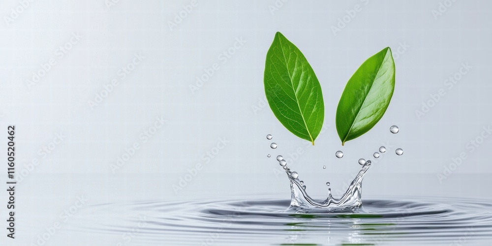 Emotional Value concept. Fresh green leaves splashing in clear water. Emotional Value concept. Fresh green leaves splashing in clear water.