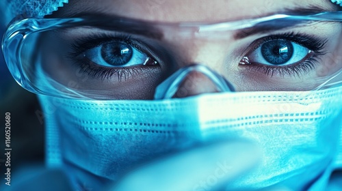 A dentist wearing a face mask and gloves performing a check-up in a clean and modern clinic photo