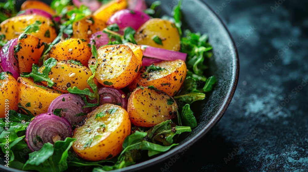 Colorful roasted potatoes with red onions on a bed of fresh greens in a bowl Colorful roasted potatoes with red onions on a bed of fresh greens in a bowl