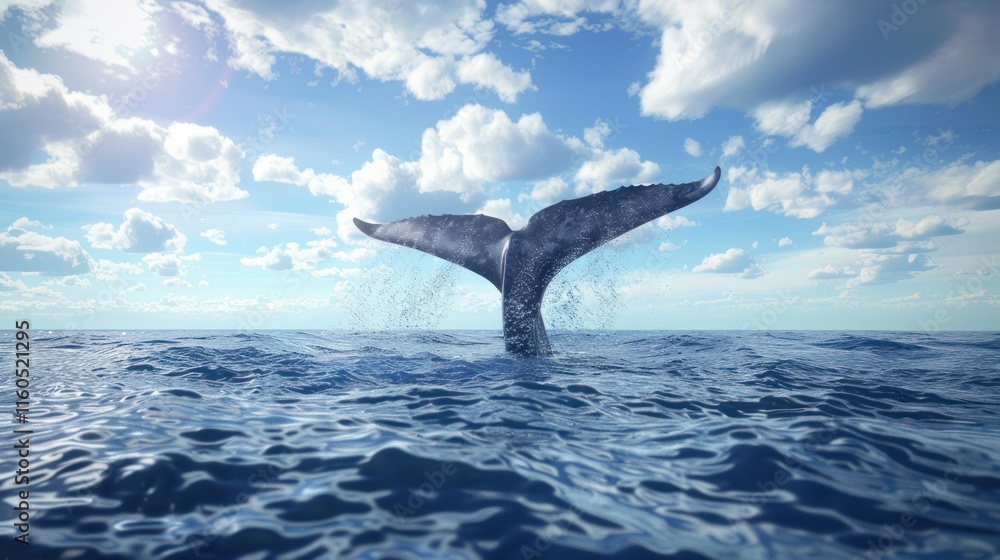Fototapeta premium Whale's fluke breaching ocean surface under a sunny sky.