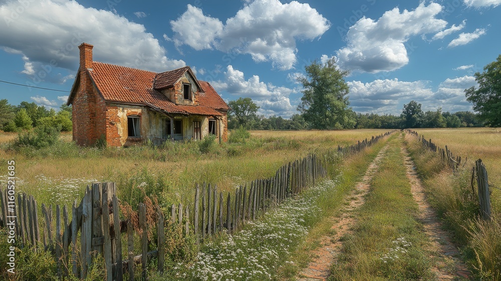 Abandoned house surrounded by vibrant yellow flowers in a rural landscape under a bright blue sky Abandoned house surrounded by vibrant yellow flowers in a rural landscape under a bright blue sky