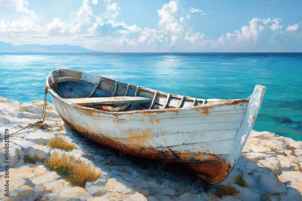 Old wooden fishing boat resting on rocky coast on sunny day Old wooden fishing boat resting on rocky coast on sunny day