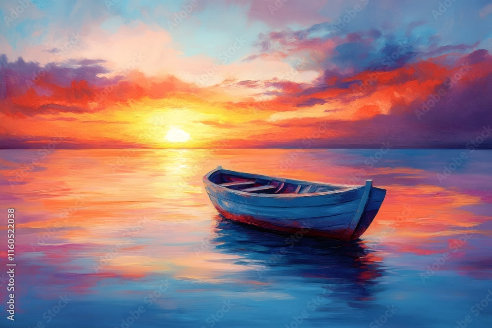 Small wooden boat floating on calm water during sunset reflecting in the sea Small wooden boat floating on calm water during sunset reflecting in the sea