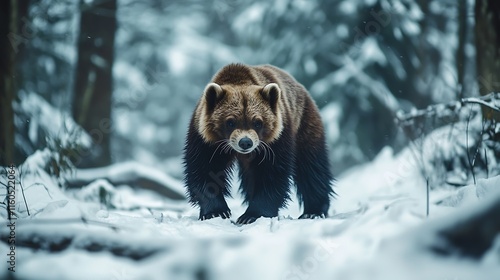 A wolverine trekking through a dense snow-covered forest, its powerful stance breaking the stillness of the scene. photo