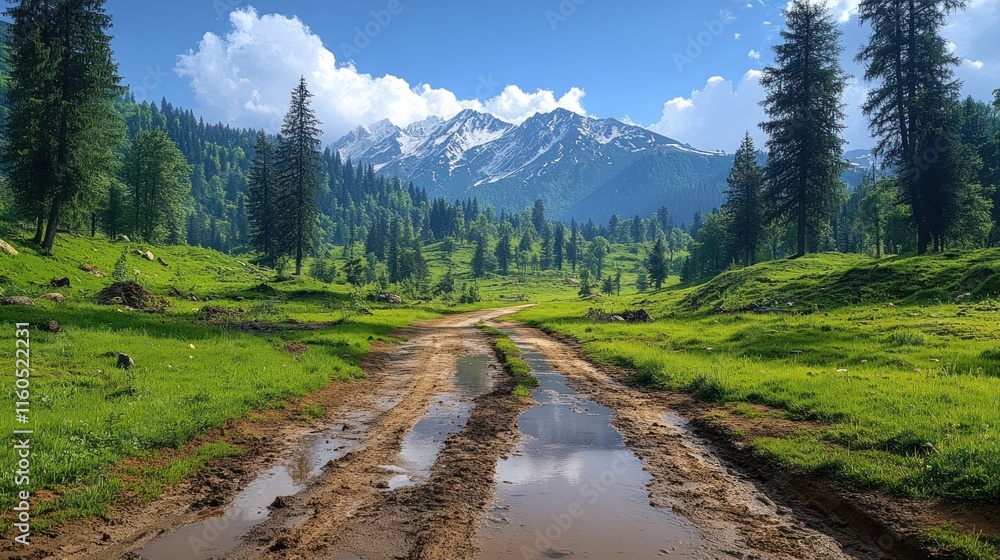 Fototapeta premium A scenic dirt path through a lush green landscape with mountains and clouds in the background.