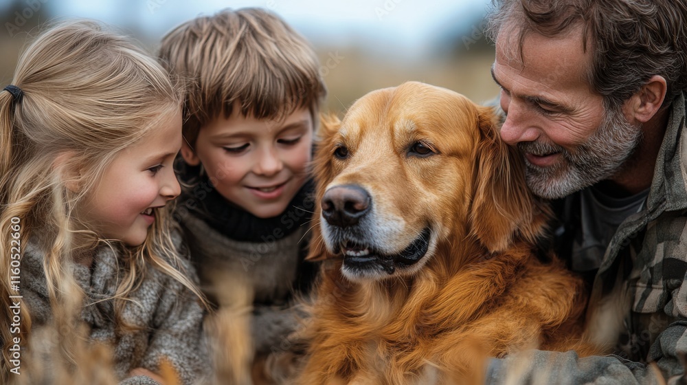 Woman and child warmly embracing a dog in rustic setting during autumn afternoon Woman and child warmly embracing a dog in rustic setting during autumn afternoon