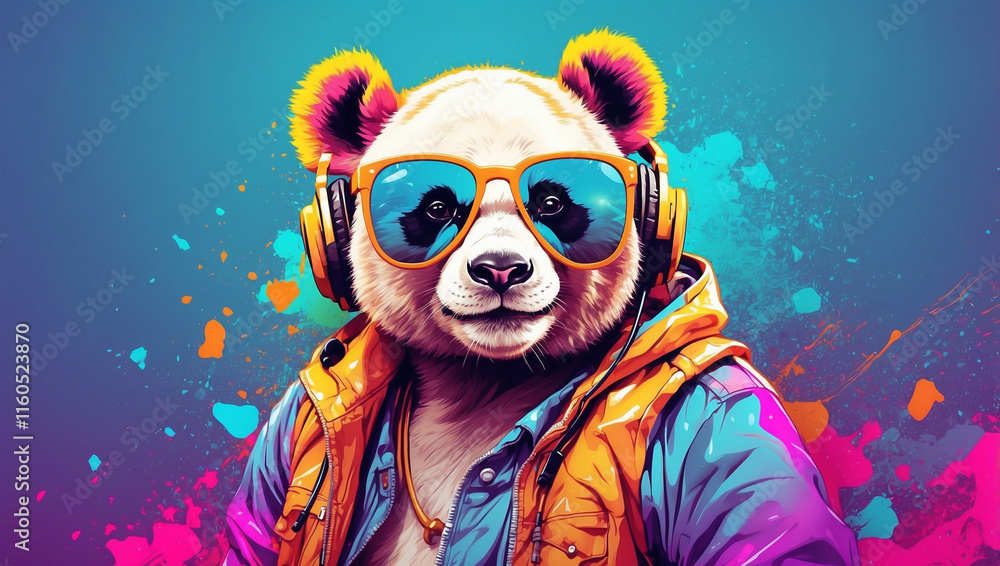 Fototapeta premium Colorful Panda with Headphones: A Generative AI Artwork of Fun and Whimsy