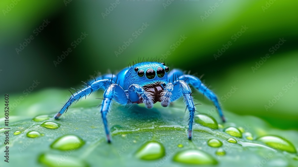 Fototapeta premium Vibrant blue jumping spider on dew-covered leaf in close-up nature view