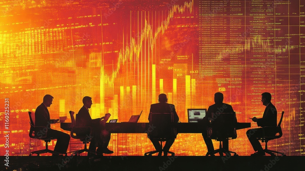 Silhouetted businesspeople analyze data projected on a wall. Illustrates financial analysis, market trends, and data-driven decision making. Silhouetted businesspeople analyze data projected on a wall. Illustrates financial analysis, market trends, and data-driven decision making.