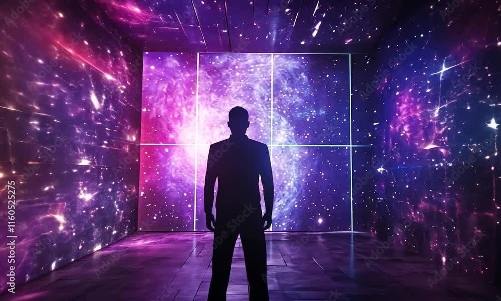 A silhouetted figure stands in a vibrant, cosmic-themed room filled with colorful lights. A silhouetted figure stands in a vibrant, cosmic-themed room filled with colorful lights.