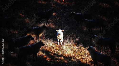 A lone white sheep stands out among a circle of dark wolves in a dramatic forest scene.