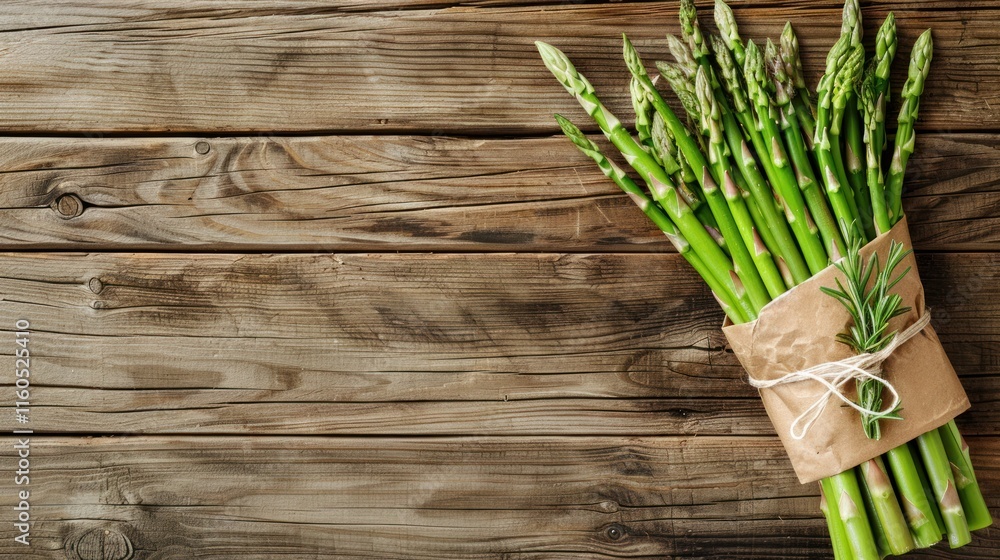 Fresh asparagus bunch wrapped in brown paper on rustic wooden table. (2) Fresh asparagus bunch wrapped in brown paper on rustic wooden table. (2)