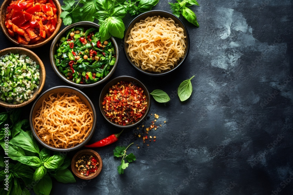 Ingredients for asian cuisine preparing on dark background Ingredients for asian cuisine preparing on dark background