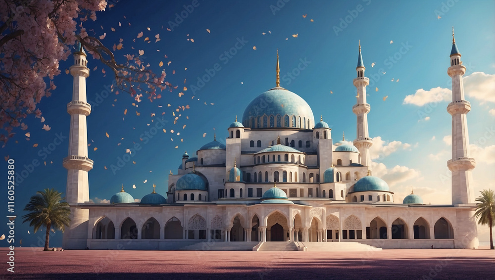 Obraz premium A Beautiful AI Generated Image of a Mosque Celebrating Eid with Vibrant Decorations