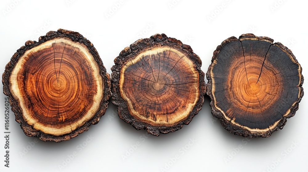 Collection of four natural wood tree slices with growth rings and bark texture. Collection of four natural wood tree slices with growth rings and bark texture.
