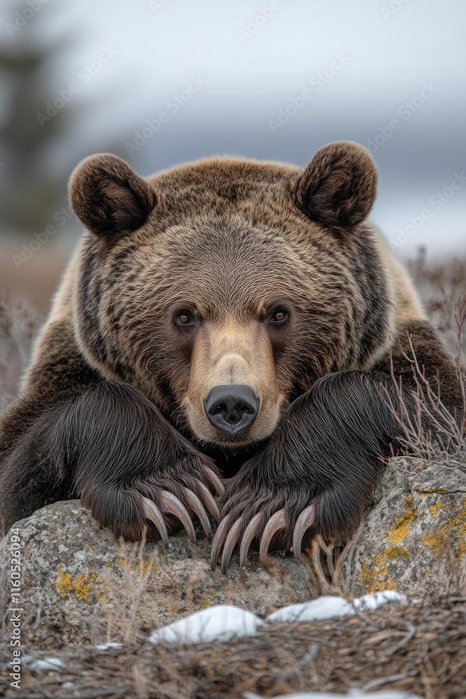 A close-up of a grizzly bear resting on a rock in a natural setting. A close-up of a grizzly bear resting on a rock in a natural setting.