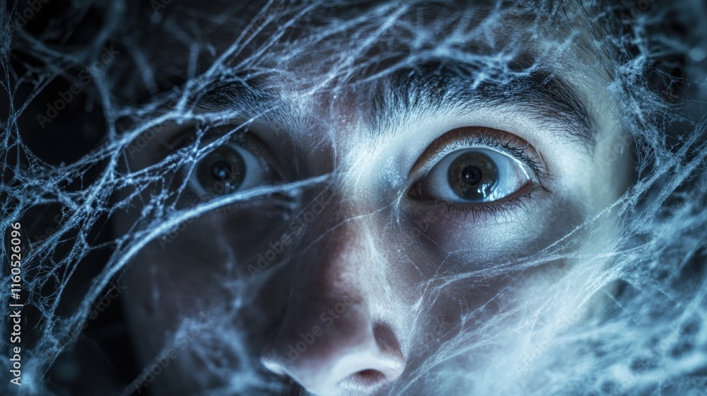 A scared face, with darkened corners, sharp lighting, and floating cobweb-like effects A scared face, with darkened corners, sharp lighting, and floating cobweb-like effects
