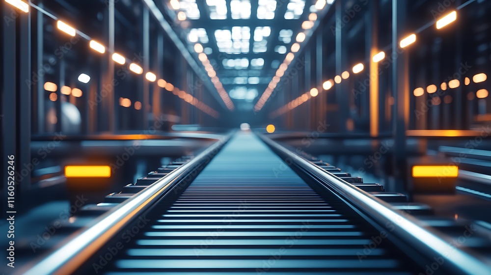 Conveyor belt of a modern production line in an empty warehouse, sleek metal rollers under bright artificial lights, high-tech industrial surroundings. Conveyor belt of a modern production line in an empty warehouse, sleek metal rollers under bright artificial lights, high-tech industrial surroundings.