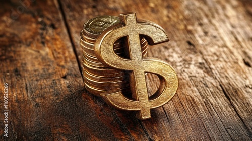 A stack of coins arranged to form a dollar sign on a wooden table photo