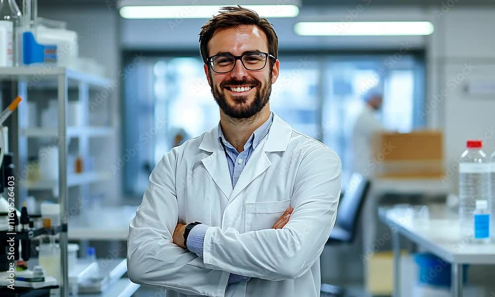 A smiling man in a lab coat stands confidently in a laboratory setting. A smiling man in a lab coat stands confidently in a laboratory setting.