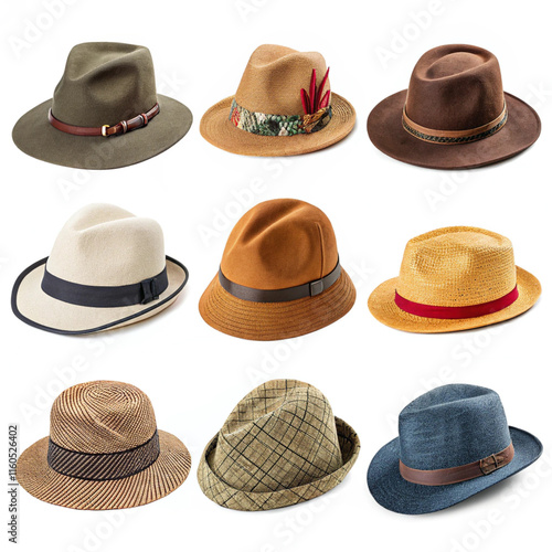 Image showcases a collection of men's fedoras in various colors and textures, including wool felt, straw, and tweed. Each hat features unique details like contrasting bands, buckles, and patterns.
 photo