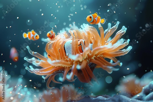 Clownfish and sea anemone underwater.