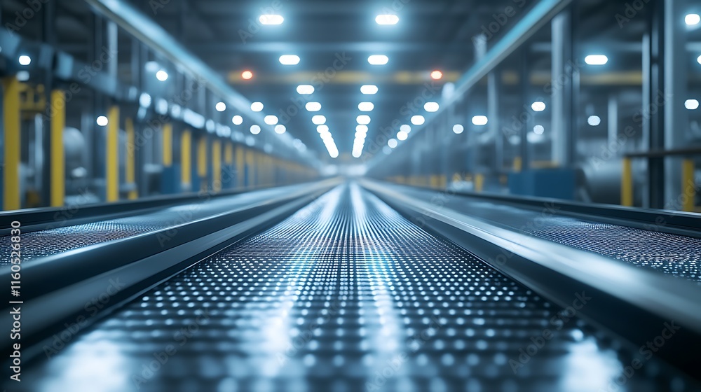 Empty conveyor belt in a pristine production facility, reflective metal surface under bright lighting, industrial warehouse environment. Empty conveyor belt in a pristine production facility, reflective metal surface under bright lighting, industrial warehouse environment.