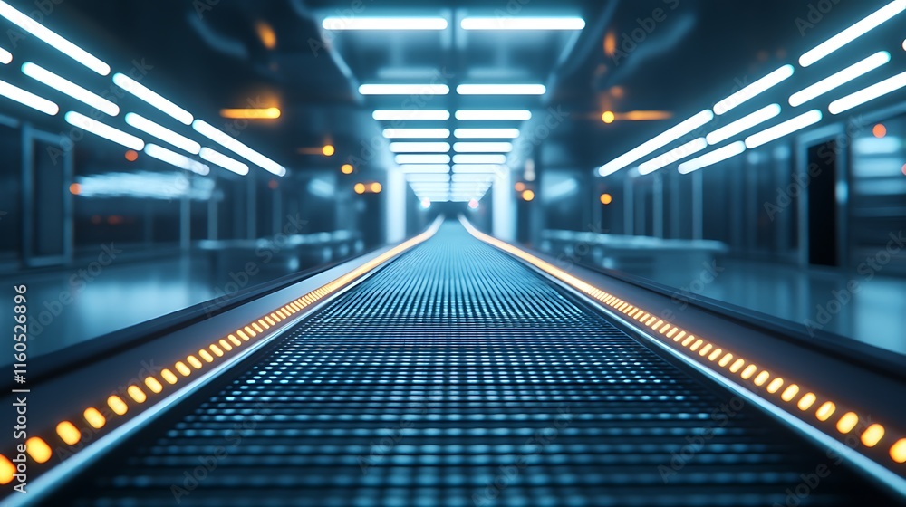 Empty industrial conveyor belt of a modern production line, no products, reflecting bright fluorescent lights in a clean factory space. Empty industrial conveyor belt of a modern production line, no products, reflecting bright fluorescent lights in a clean factory space.