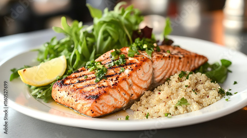 A nutrient-rich meal bursting with superfoods like salmon, kale, and quinoa, full of essential vitamins and minerals