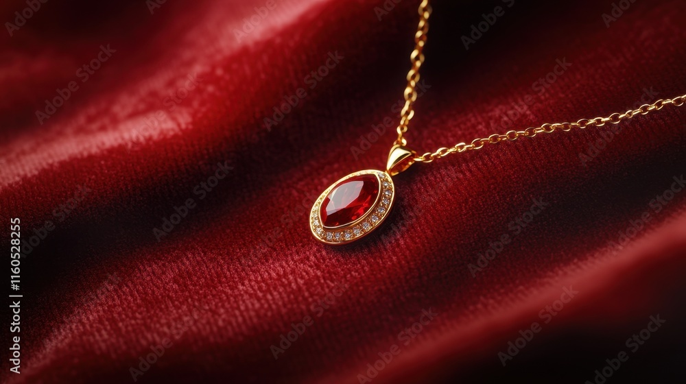 Gold necklace with oval ruby pendant, surrounded by small diamonds, rests on red velvet. Perfect for jewelry, luxury, and romance themes; ideal for websites or advertising. Gold necklace with oval ruby pendant, surrounded by small diamonds, rests on red velvet. Perfect for jewelry, luxury, and romance themes; ideal for websites or advertising.