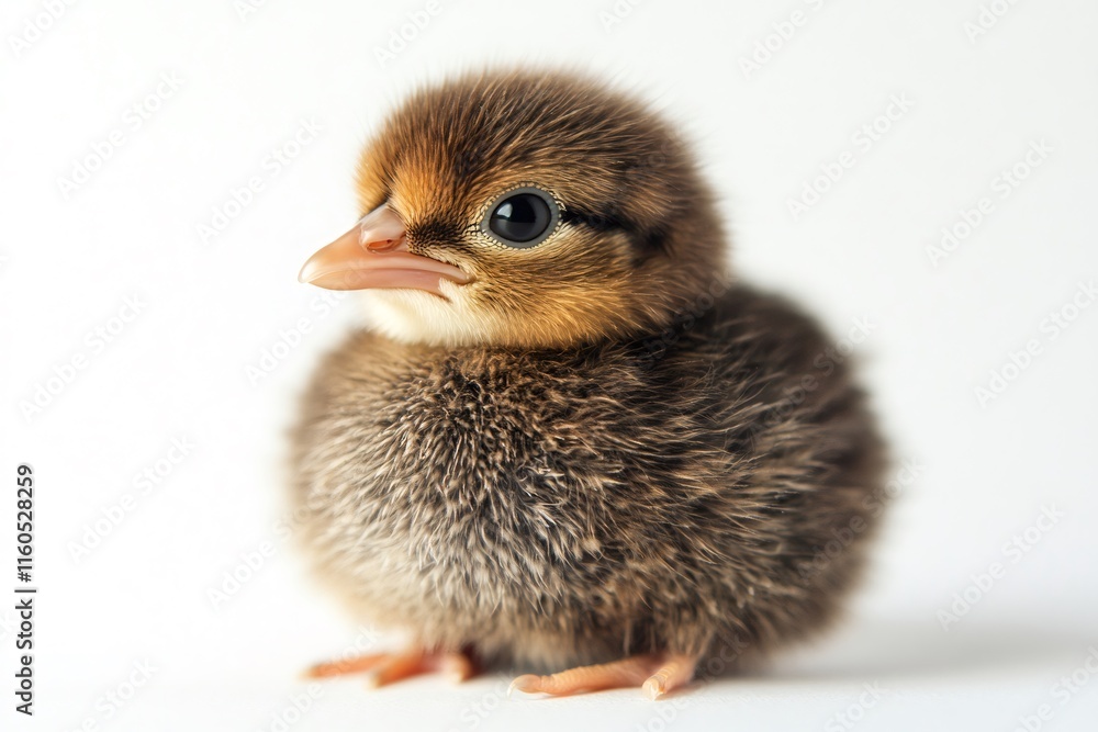 Tiny brown chick posing on white background