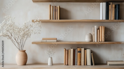 A minimalist bookshelf with neatly arranged books and a few natural decor pieces