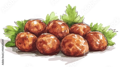 Delicious Watercolor Illustration of Meatballs with Parsley Garnish