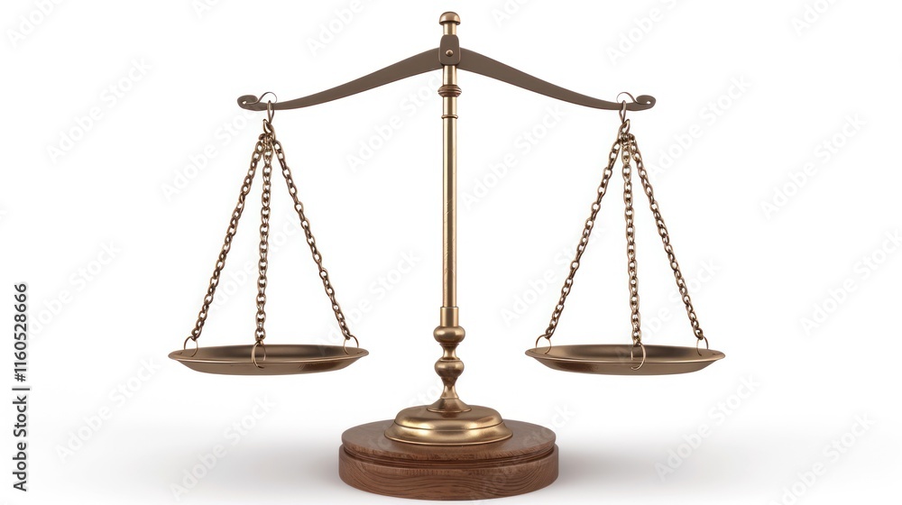 Antique golden justice scales balanced on a wooden stand. Antique golden justice scales balanced on a wooden stand.
