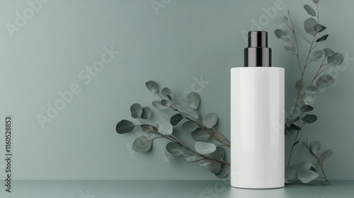 Wallpaper Mural Soothing skincare, green plant with white flowers beside a lotion bottle on rustic wood Torontodigital.ca