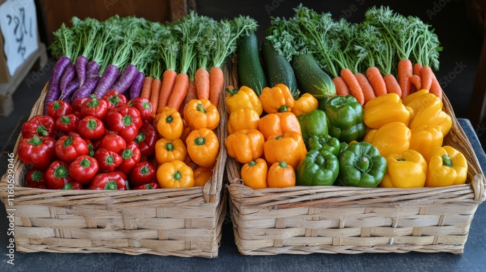 Freshly harvested vegetables in woven baskets at a local market in autumn Freshly harvested vegetables in woven baskets at a local market in autumn