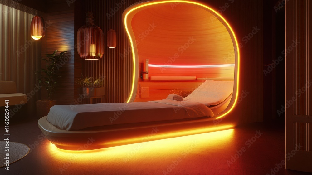 Naklejka premium Bedroom designed with relaxation zones, warm hues, and adjustable mood lighting, 2025