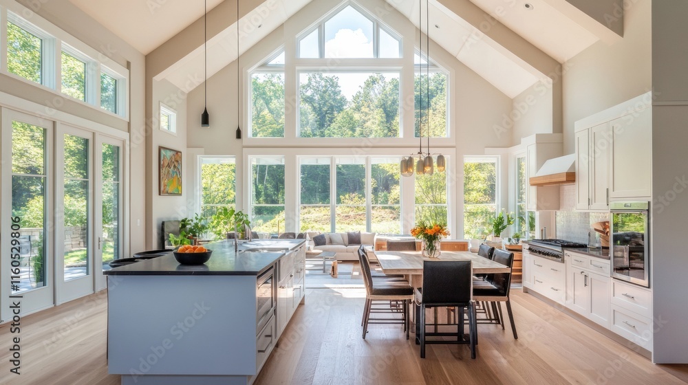 Fototapeta premium Bright minimalist kitchen with simple lines, high ceilings, and functional design