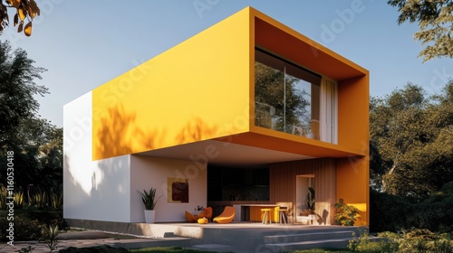 Compact minimalist home with bold color contrasts and creative facades