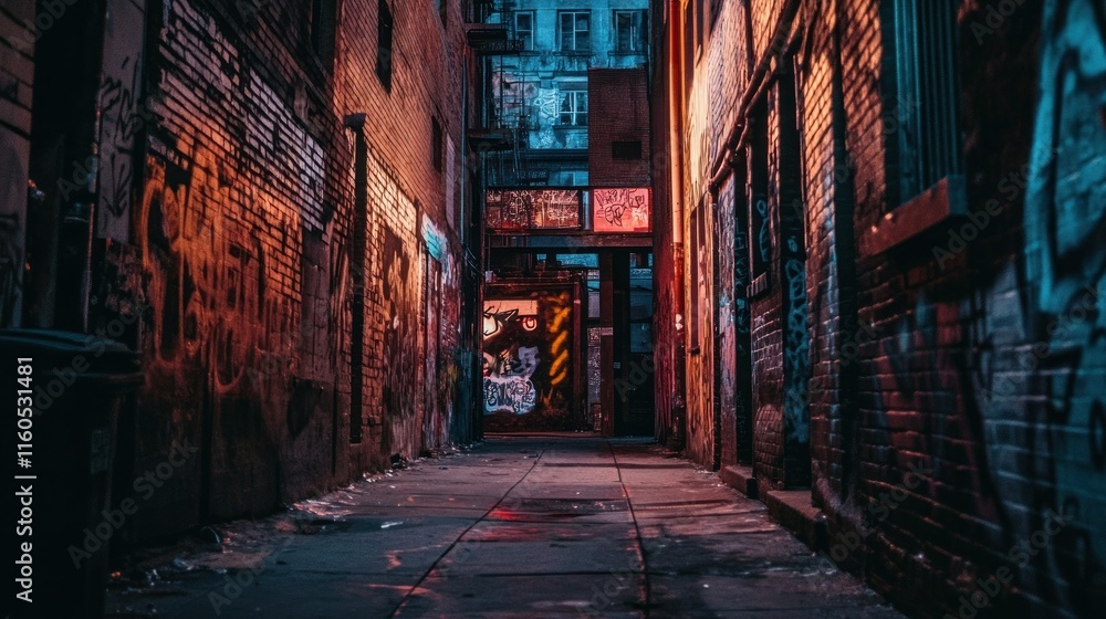 Fototapeta premium Dimly lit urban alley with graffiti and shadows.