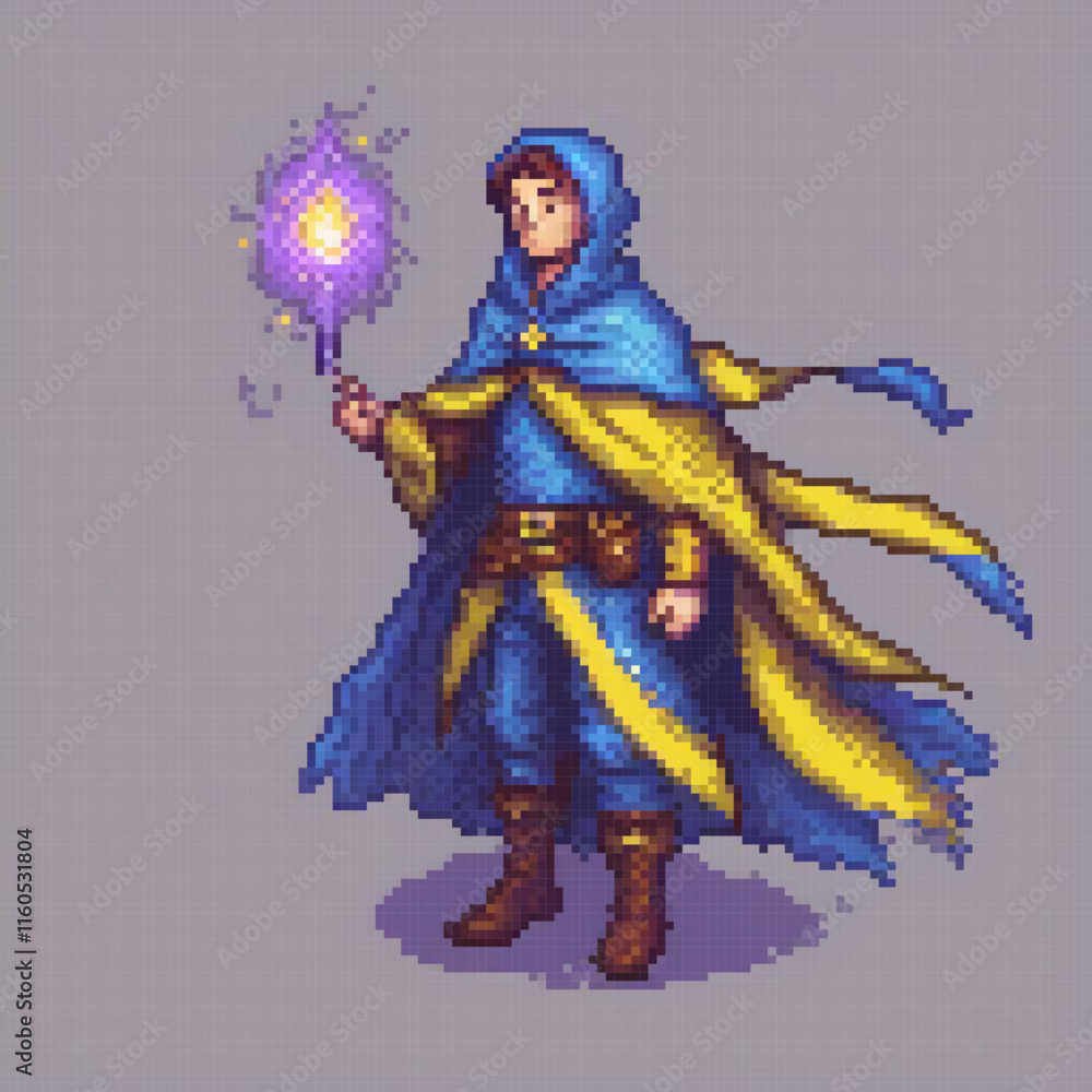 A pixel art depiction of a man in a blue cloak wielding a magical wand. A pixel art depiction of a man in a blue cloak wielding a magical wand.