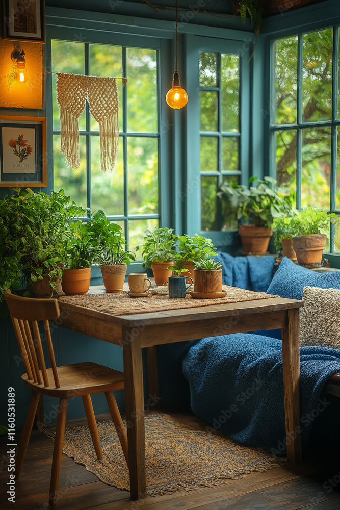 Obraz premium Photographie intérieure d’un petit studio étudiant style bohème chic avec décorations murales en macramé, lit confortable, petite table en bois avec chaises dépareillées, et plantes d’intérieur